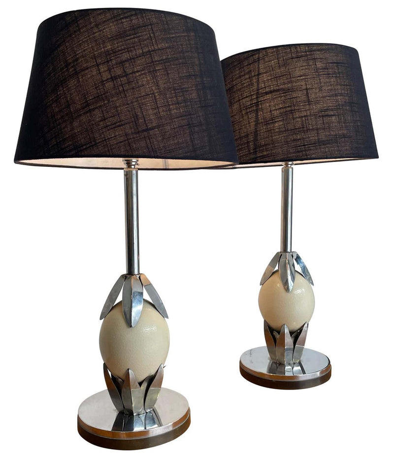 PAIR OF 1970S ANTHONY REDMILE STYLE CHROME AND REAL OSTRICH EGG LAMPS