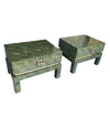 PAIR OF 1970S GUY LEFEVRE STYLE GREEN WOVEN RATTAN AND BRASS BEDSIDE TABLES