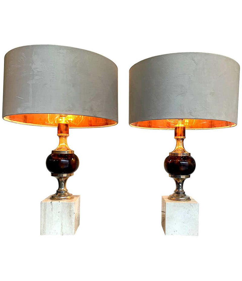 PAIR OF 1970S TRAVERTINE AND CHROME LAMPS IN THE STYLE OF MAISON BARBIER