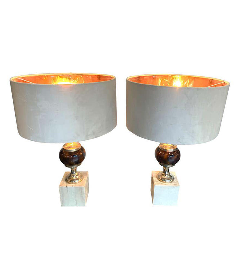 PAIR OF 1970S TRAVERTINE AND CHROME LAMPS IN THE STYLE OF MAISON BARBIER