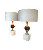 PAIR OF 1970S TRAVERTINE AND CHROME LAMPS IN THE STYLE OF MAISON BARBIER