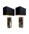 PAIR OF 1970S WILLY RIZZO BRASS AND CHROME LAMPS WITH NEW BESPOKE SHADES