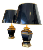 Pair of Black 1970s Lacquer & Brass Lamps - Mid Century Lighting - Ed Butcher Antiques