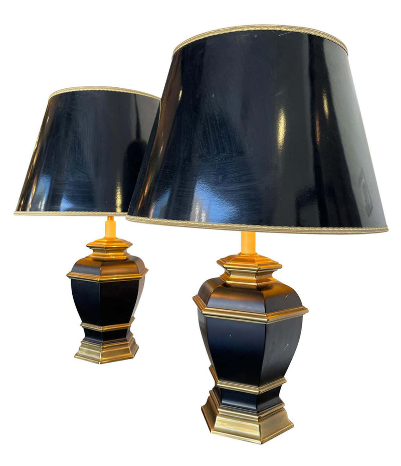 Pair of Black 1970s Lacquer & Brass Lamps - Mid Century Lighting - Ed Butcher Antiques