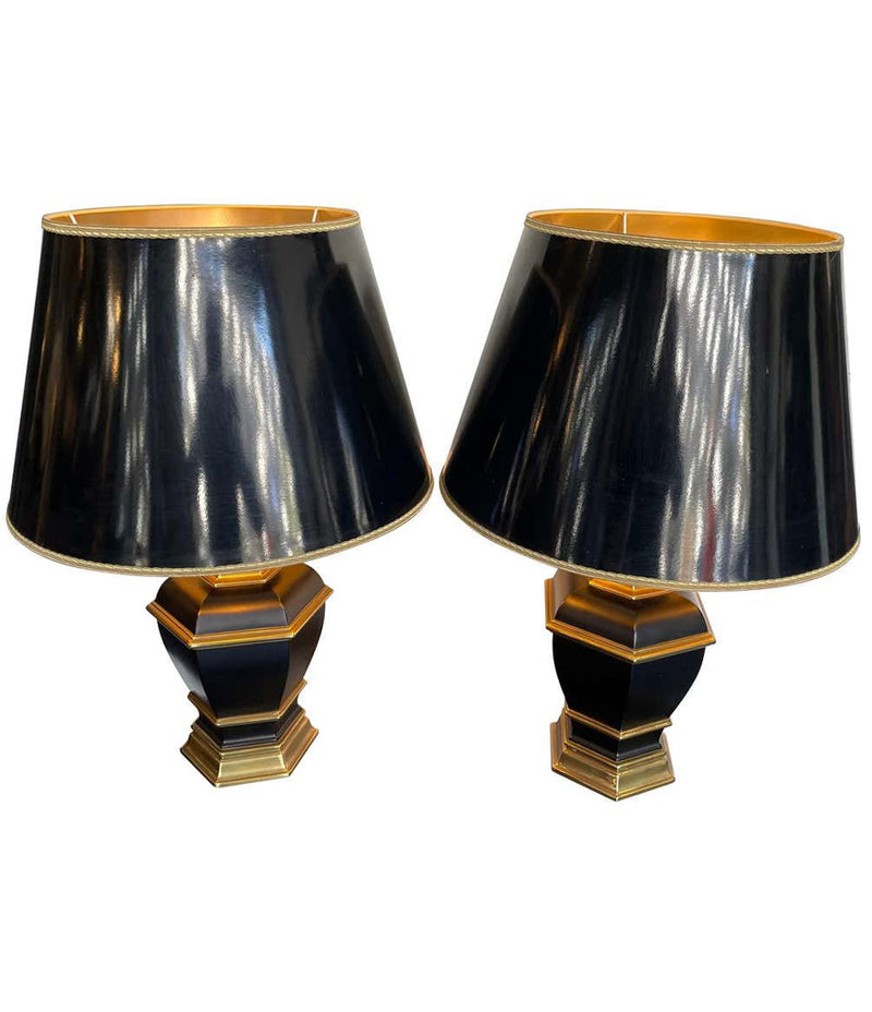 Pair of Black 1970s Lacquer & Brass Lamps - Mid Century Lighting - Ed Butcher Antiques