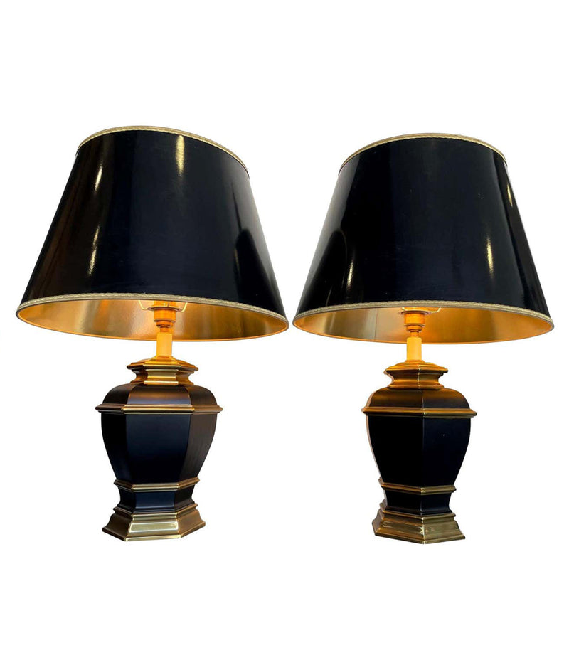 Pair of Black 1970s Lacquer & Brass Lamps - Mid Century Lighting - Ed Butcher Antiques