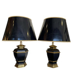 Pair of Black 1970s Lacquer & Brass Lamps - Mid Century Lighting - Ed Butcher Antiques