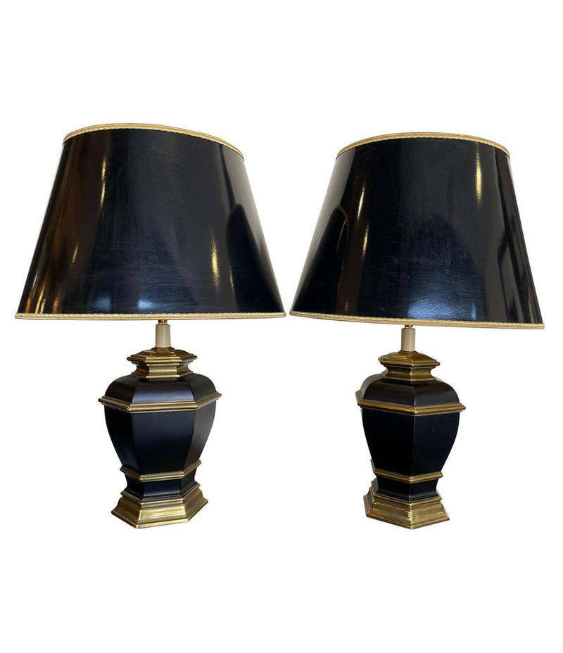 Pair of Black 1970s Lacquer & Brass Lamps - Mid Century Lighting - Ed Butcher Antiques
