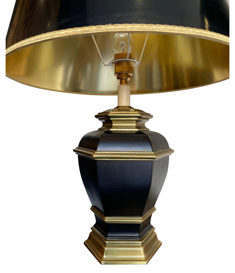 Pair of Black 1970s Lacquer & Brass Lamps - Mid Century Lighting - Ed Butcher Antiques