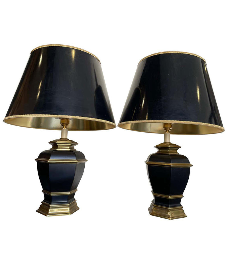 Pair of Black 1970s Lacquer & Brass Lamps - Mid Century Lighting - Ed Butcher Antiques