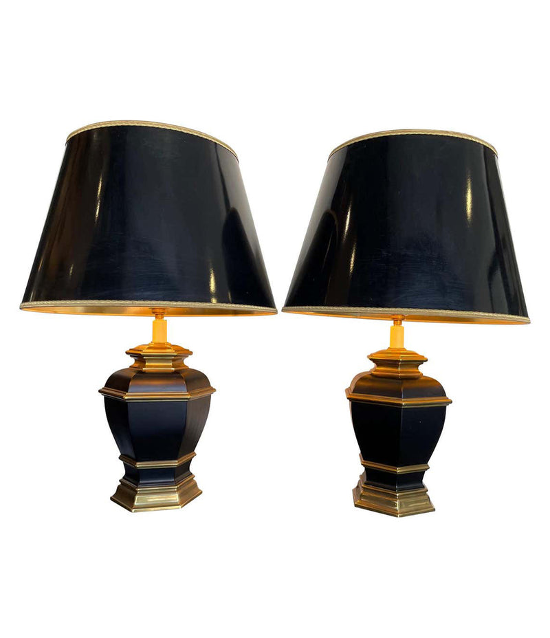Pair of Black 1970s Lacquer & Brass Lamps - Mid Century Lighting - Ed Butcher Antiques