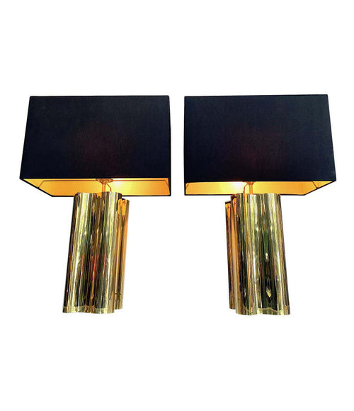 PAIR OF LARGE 1970S BRASS LAMPS WITH INTERESTING CURVED CORNERS AND NEW SHADES