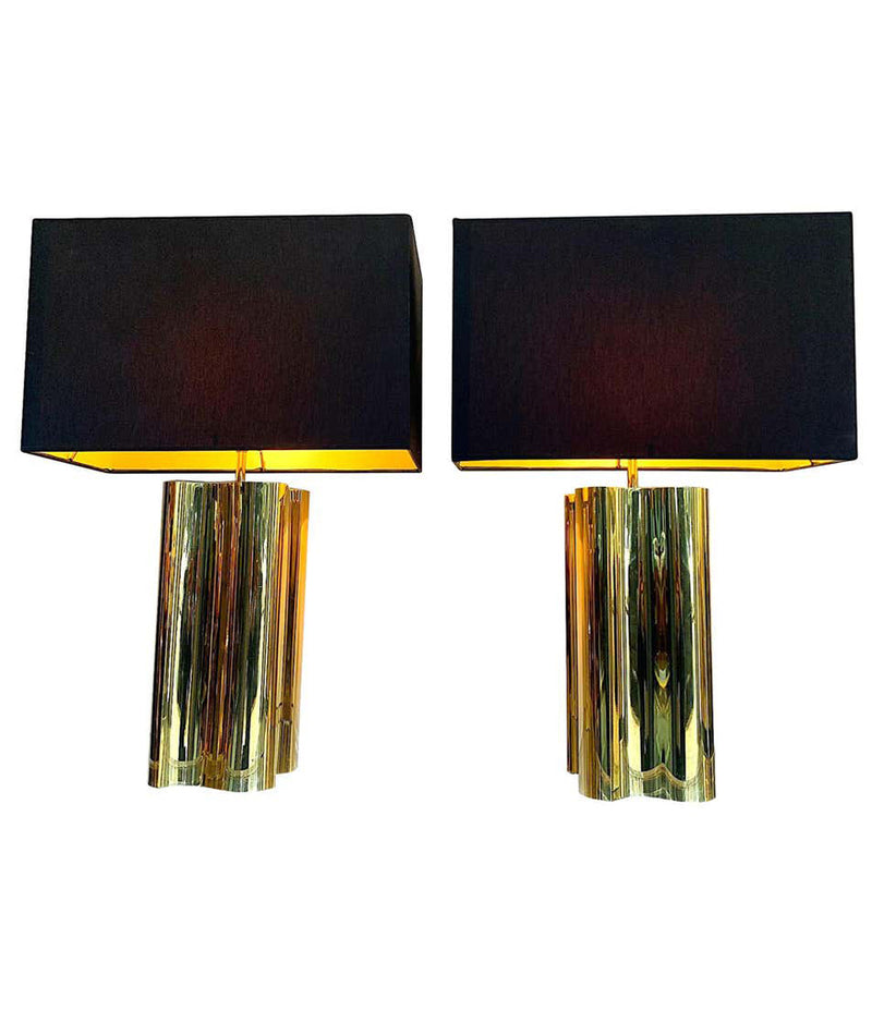 PAIR OF LARGE 1970S BRASS LAMPS WITH INTERESTING CURVED CORNERS AND NEW SHADES