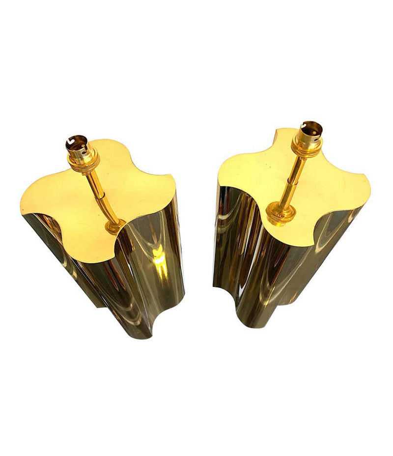 PAIR OF LARGE 1970S BRASS LAMPS WITH INTERESTING CURVED CORNERS AND NEW SHADES