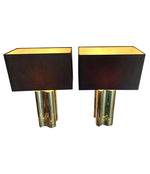 PAIR OF LARGE 1970S BRASS LAMPS WITH INTERESTING CURVED CORNERS AND NEW SHADES