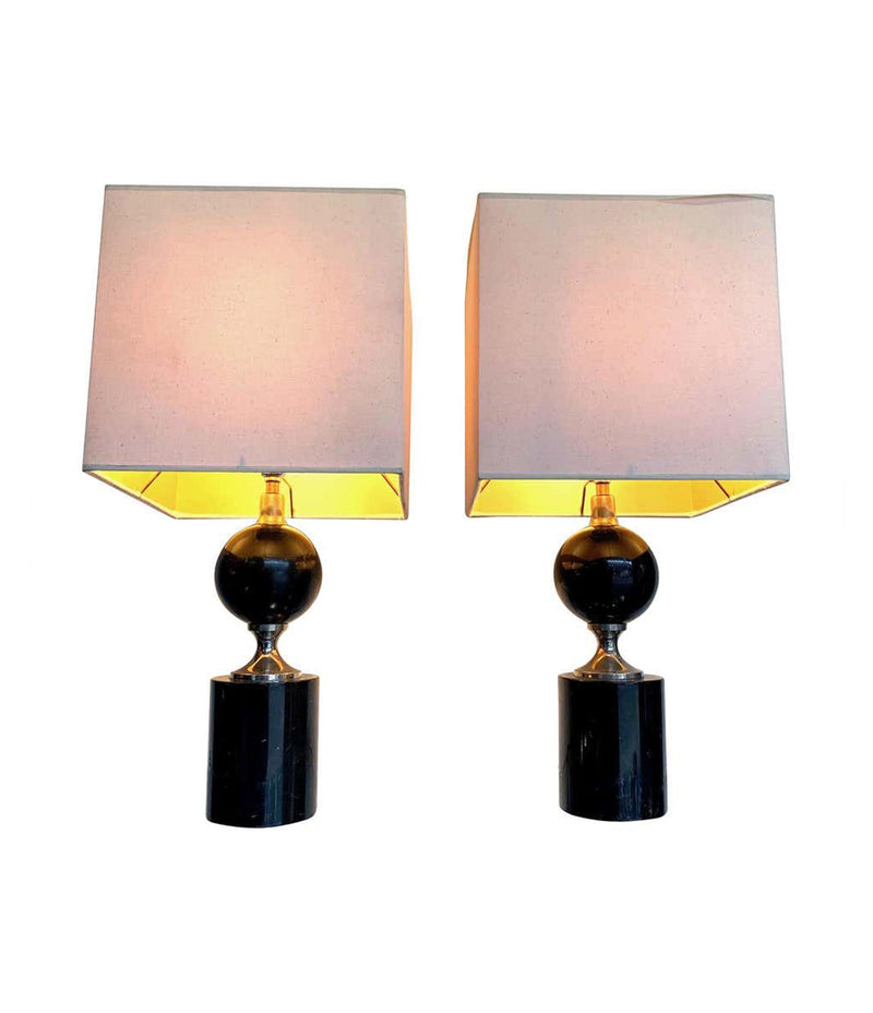 PAIR OF MASION BARBIER BLACK MARBLE AND CHROME LAMPS WITH NEW BESPOKE SHADES
