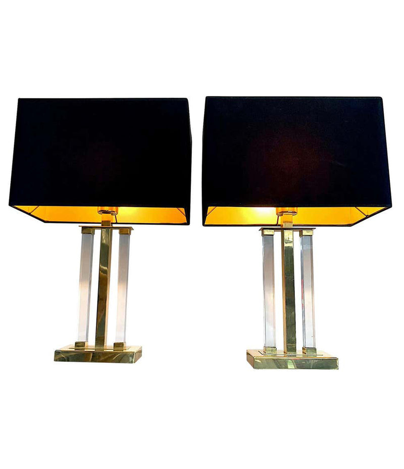 PAIR OF MIDCENTURY LUCITE AND BRASS LAMPS BY DEKNUDT WITH NEW BESPOKE SHADES