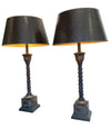 PAIR OF ORNATE TABLE LAMPS WITH PALM TREE STEMS MOUNTED ON SQUARE PLINTHS