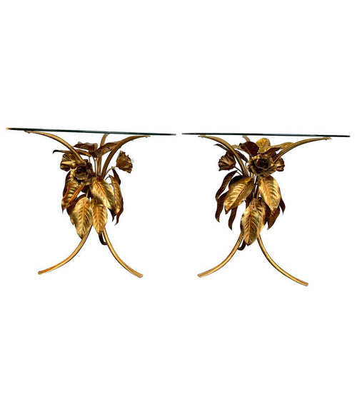 PAIR OF 1960S FRENCH GILT METAL SIDE TABLES WITH FLOWERS AND LEAF BASES