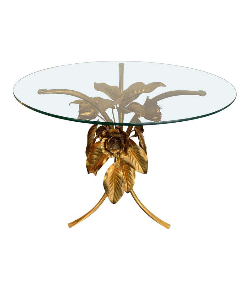 PAIR OF 1960S FRENCH GILT METAL SIDE TABLES WITH FLOWERS AND LEAF BASES