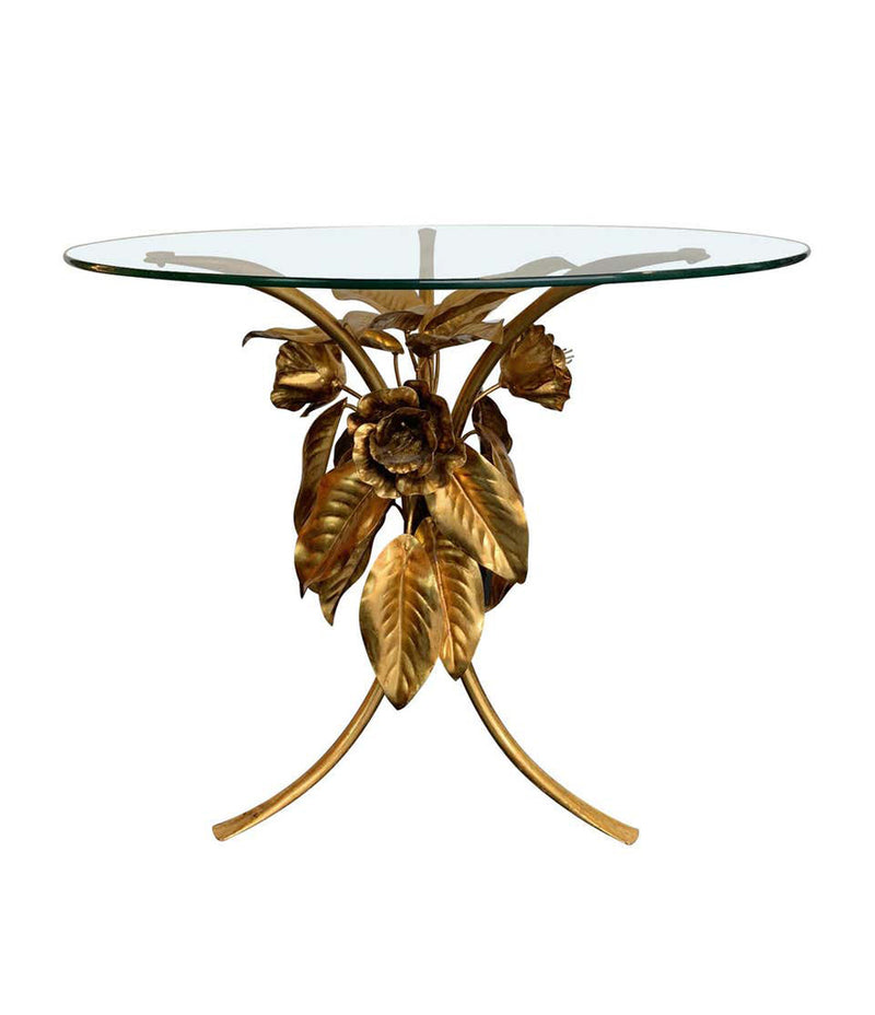 PAIR OF 1960S FRENCH GILT METAL SIDE TABLES WITH FLOWERS AND LEAF BASES