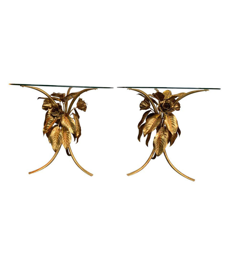 PAIR OF 1960S FRENCH GILT METAL SIDE TABLES WITH FLOWERS AND LEAF BASES