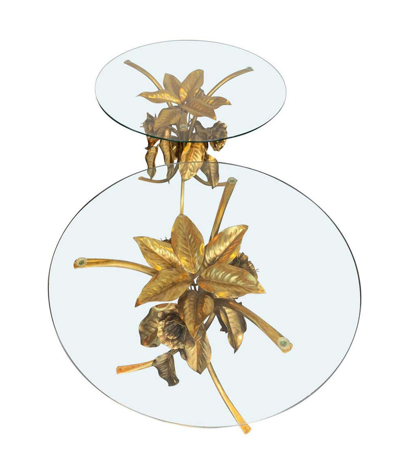 PAIR OF 1960S FRENCH GILT METAL SIDE TABLES WITH FLOWERS AND LEAF BASES