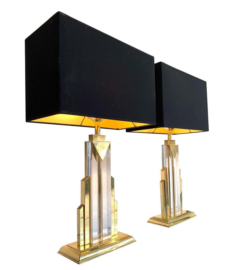 PAIR OF ART DECO STYLE LUCITE AND BRASS SKYSCRAPER LAMPS WITH BESPOKE SHADES