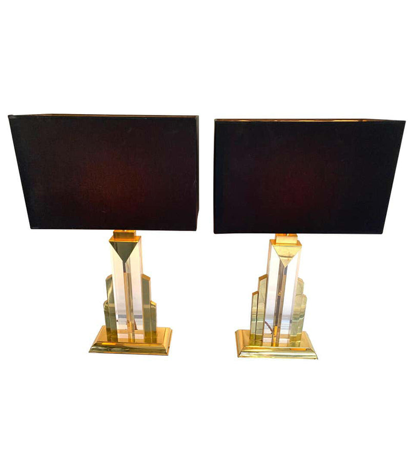 PAIR OF ART DECO STYLE LUCITE AND BRASS SKYSCRAPER LAMPS WITH BESPOKE SHADES