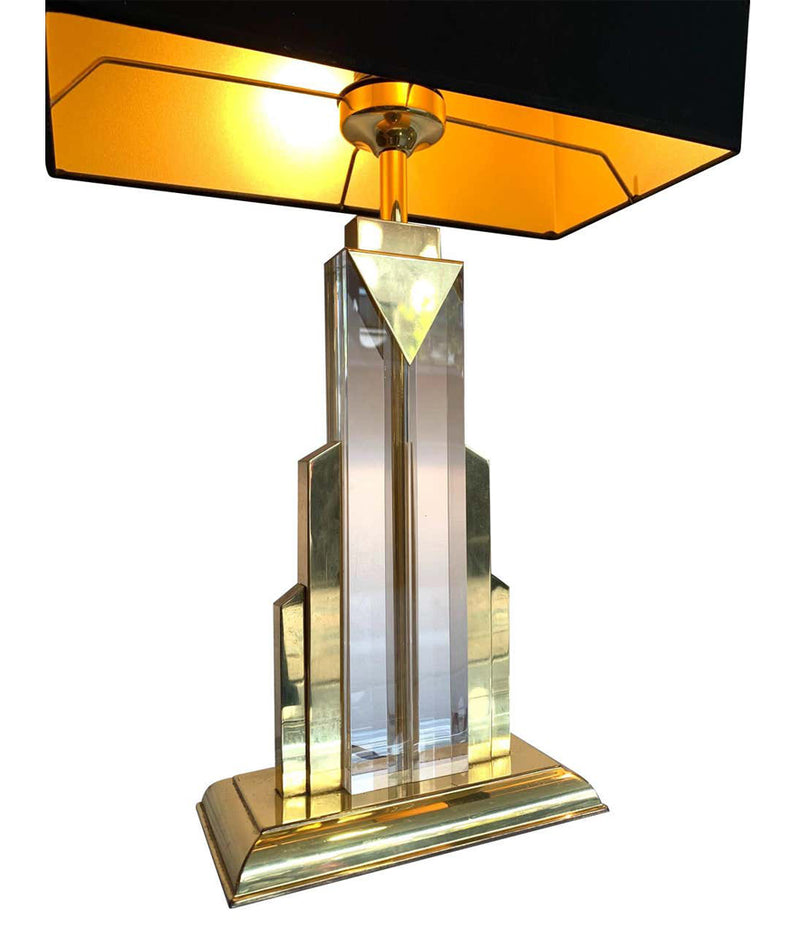 PAIR OF ART DECO STYLE LUCITE AND BRASS SKYSCRAPER LAMPS WITH BESPOKE SHADES