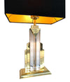 PAIR OF ART DECO STYLE LUCITE AND BRASS SKYSCRAPER LAMPS WITH BESPOKE SHADES