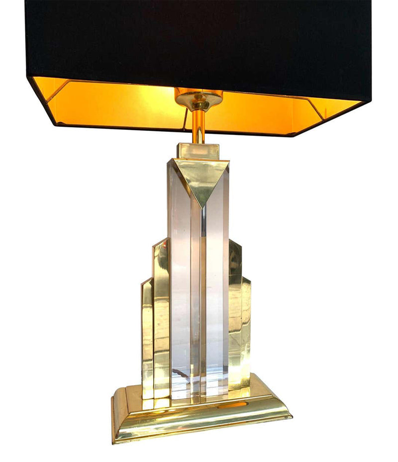 PAIR OF ART DECO STYLE LUCITE AND BRASS SKYSCRAPER LAMPS WITH BESPOKE SHADES