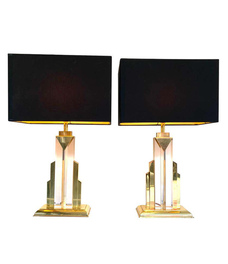 PAIR OF ART DECO STYLE LUCITE AND BRASS SKYSCRAPER LAMPS WITH BESPOKE SHADES