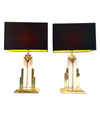 PAIR OF ART DECO STYLE LUCITE AND BRASS SKYSCRAPER LAMPS WITH BESPOKE SHADES