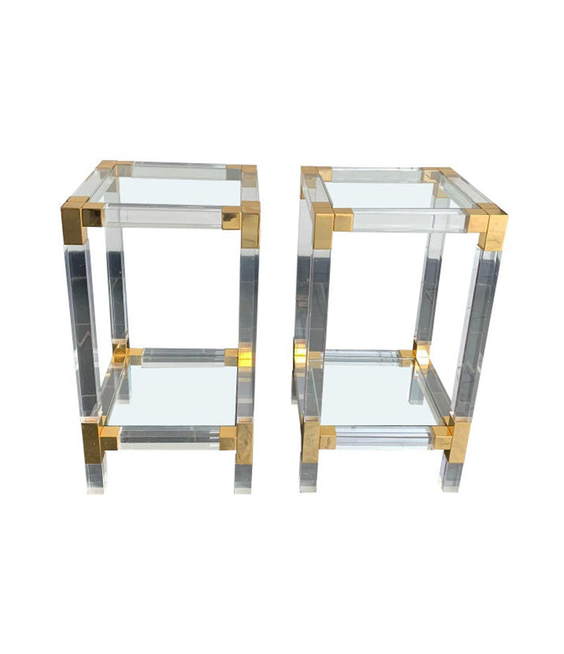 PAIR OF CHARLES HOLLIS JONES STYLE LUCITE AND GILT METAL SIDE TABLES