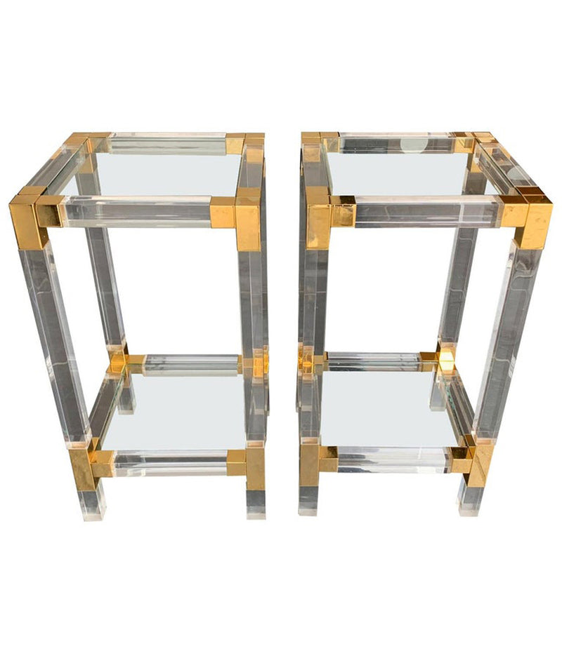 PAIR OF CHARLES HOLLIS JONES STYLE LUCITE AND GILT METAL SIDE TABLES