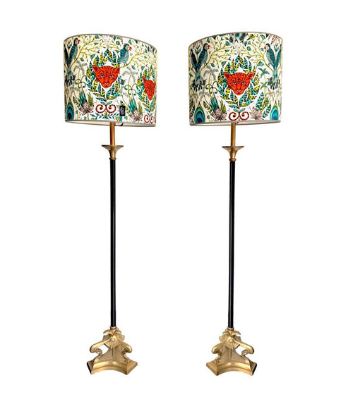 PAIR OF EMPIRE STYLE BLACK METAL AND BRASS FLOOR LAMPS WITH NEW BESPOKE SHADES