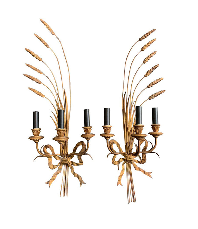 PAIR OF LARGE ITALIAN, 1950S GILT METAL WHEAT SHEAF WALL SCONCES