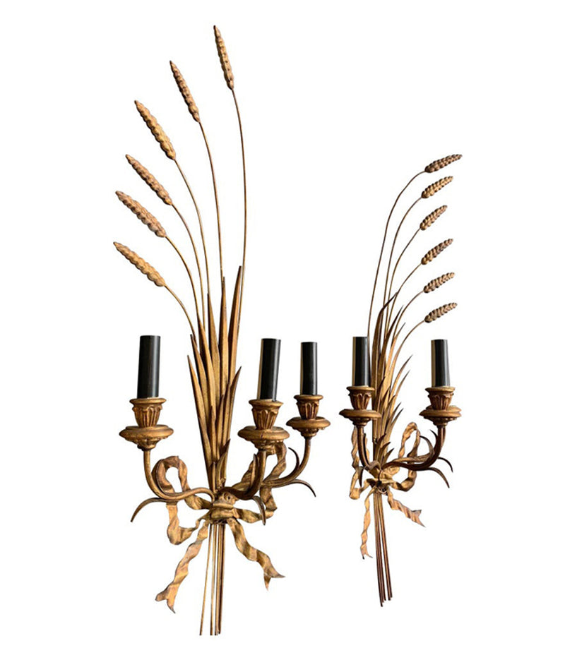 PAIR OF LARGE ITALIAN, 1950S GILT METAL WHEAT SHEAF WALL SCONCES