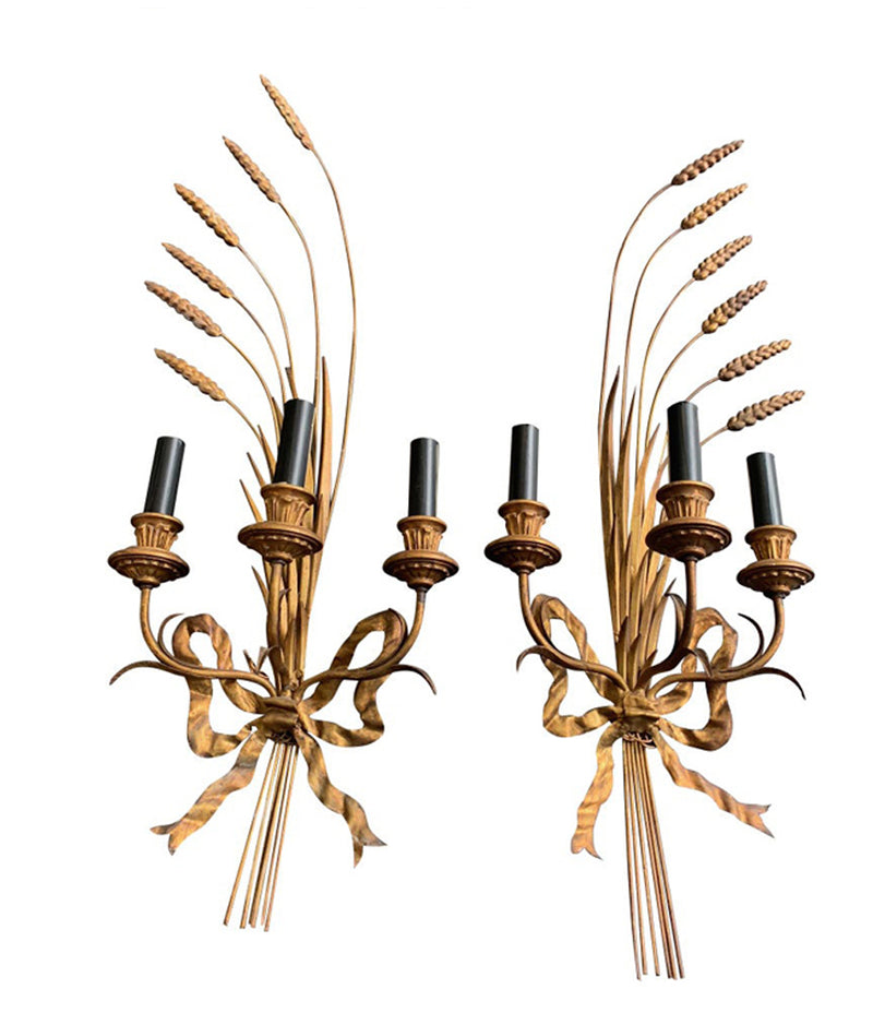 PAIR OF LARGE ITALIAN, 1950S GILT METAL WHEAT SHEAF WALL SCONCES