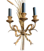 PAIR OF LARGE ITALIAN, 1950S GILT METAL WHEAT SHEAF WALL SCONCES