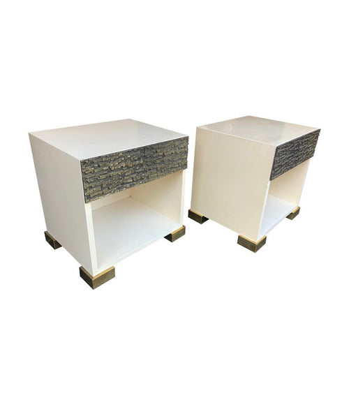 PAIR OF LUCIANO FRIGERIO BEDSIDE CABINETS WITH CAST BRUTALIST DRAWER FRONT