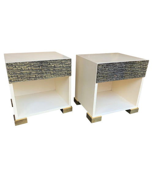 PAIR OF LUCIANO FRIGERIO BEDSIDE CABINETS WITH CAST BRUTALIST DRAWER FRONT