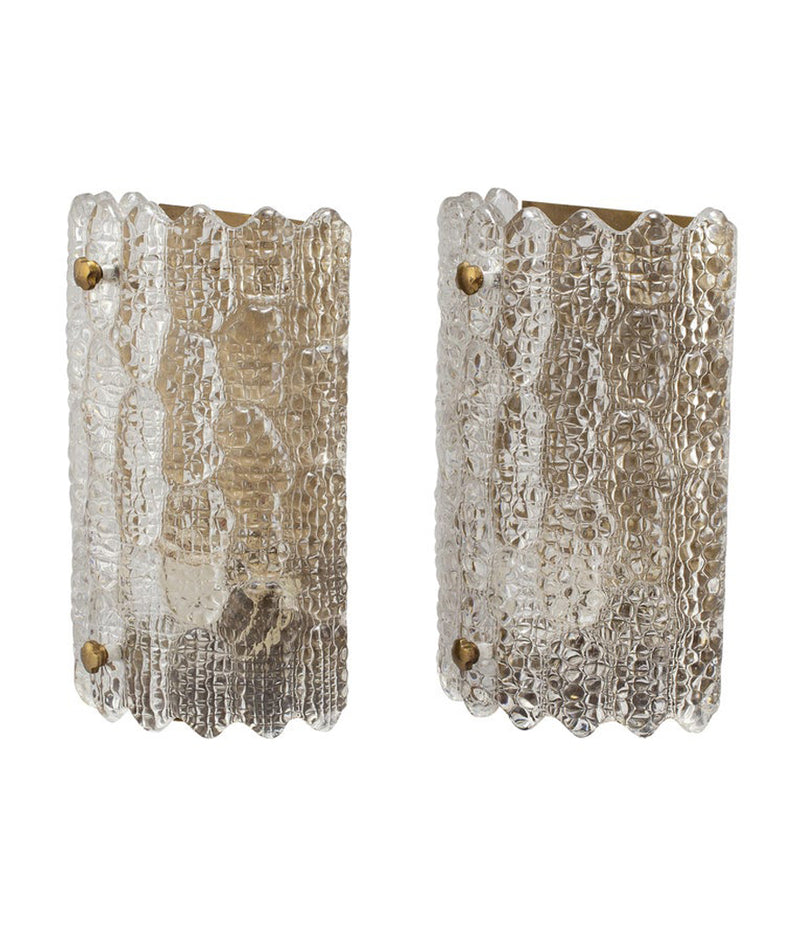PAIR OF ORREFORS GLASS WALL SCONCES BY CARL FAGERLUND ON BRASS WALL PLATES