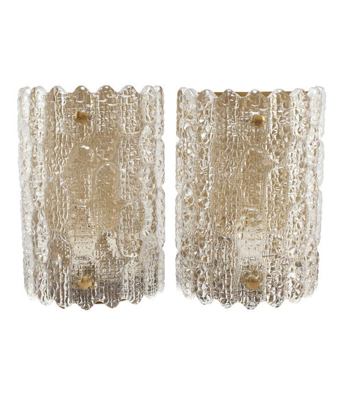 PAIR OF ORREFORS GLASS WALL SCONCES BY CARL FAGERLUND ON BRASS WALL PLATES