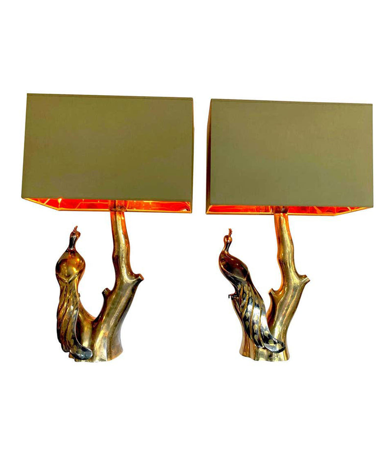 PAIR OF WILLY DARO STYLE BRASS PEACOCK LAMPS BY REGINA WITH NEW BESPOKE SHADES