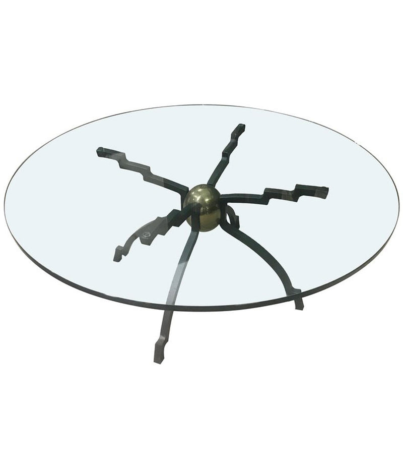 Mid century coffee table by Peter Ghyczy iron and brass bass with circular glass top