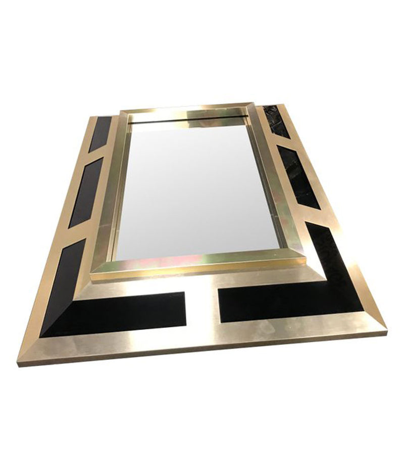 PHILIPPE JEAN BRUSHED BRASS FINISH AND BLACK LUCITE MIRROR, SIGNED