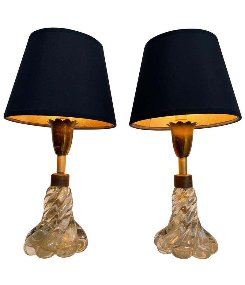PRETTY PAIR OF 1950S BAROVIER & TOSO LAMPS WITH MURANO TWISTED GLASS BASE