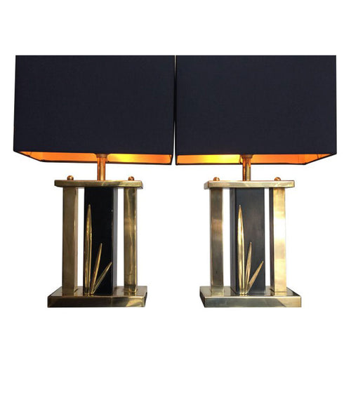 PAIR OF ITALIAN BRASS AND BLACK METAL LAMPS